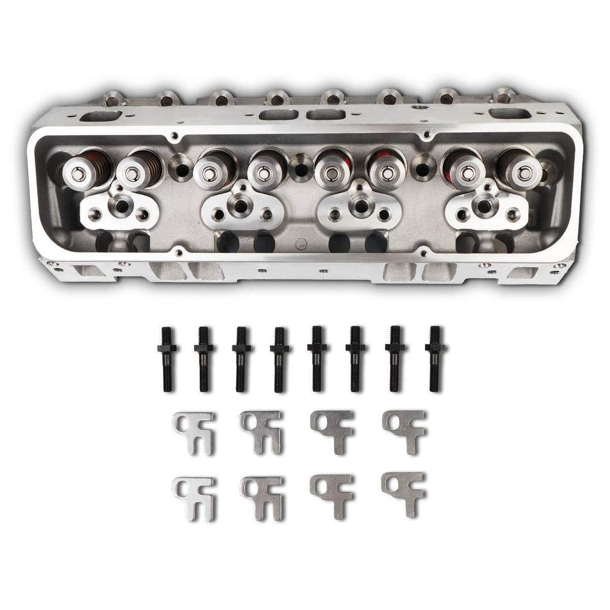 Aluminum cylinder head with valve train and included mounting hardware, silver