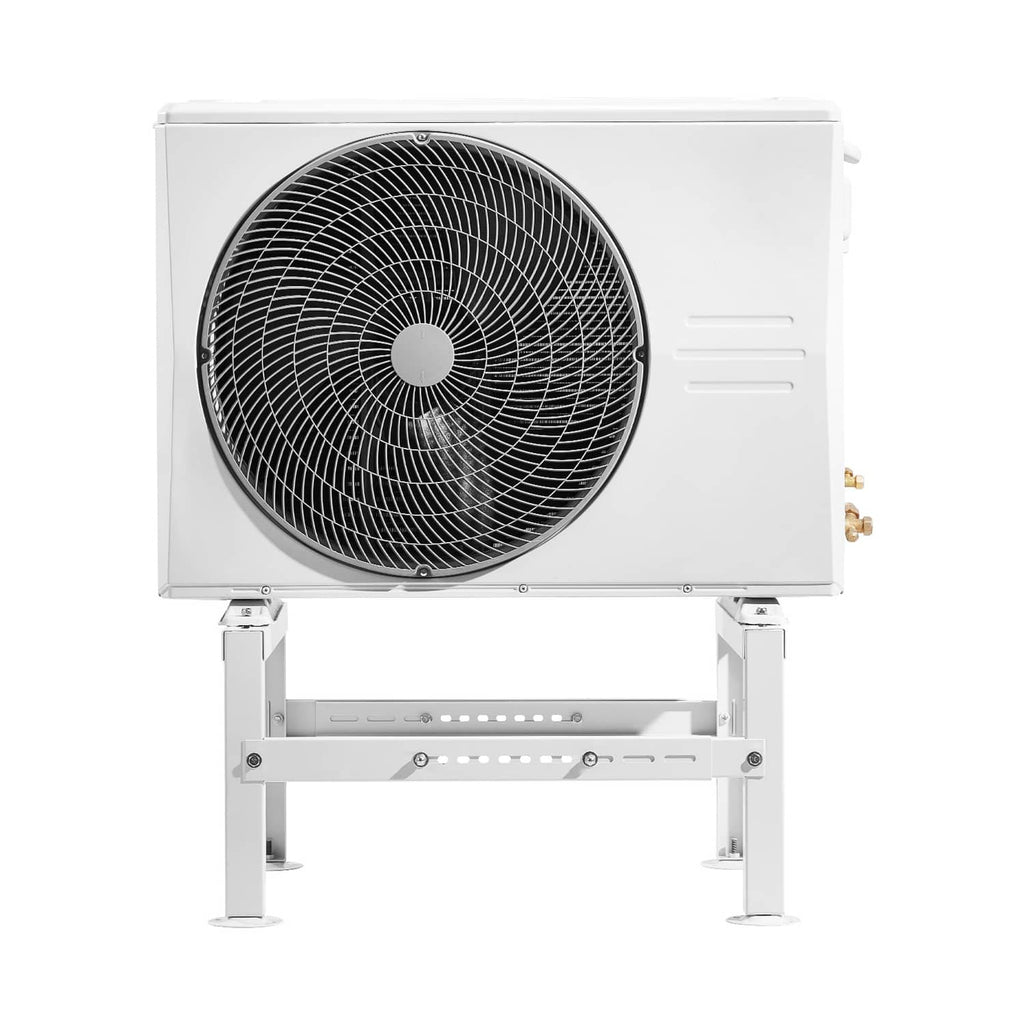 White mini split outdoor condenser on adjustable ground stand with anti-vibration feet