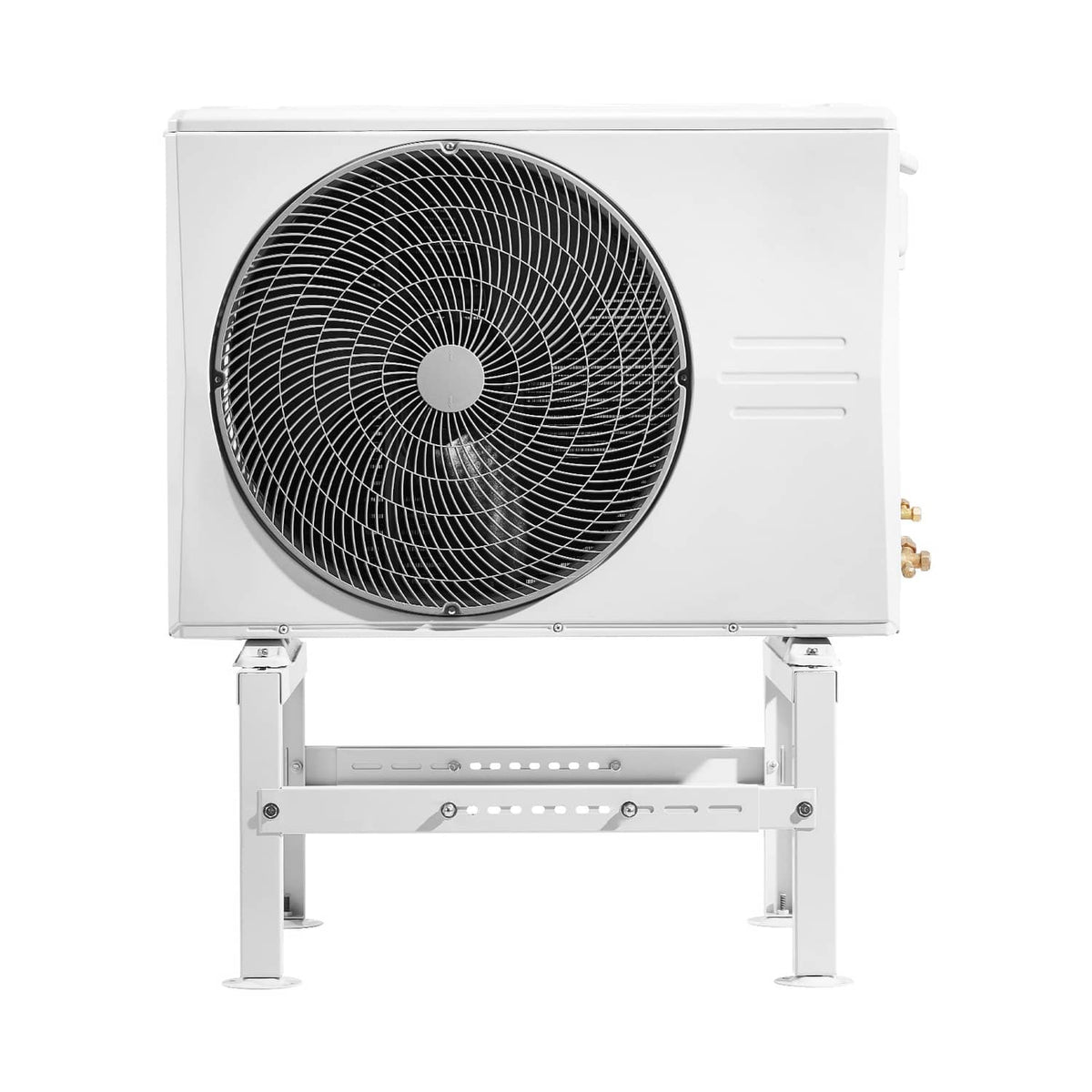 White mini split outdoor condenser on adjustable ground stand with anti-vibration feet