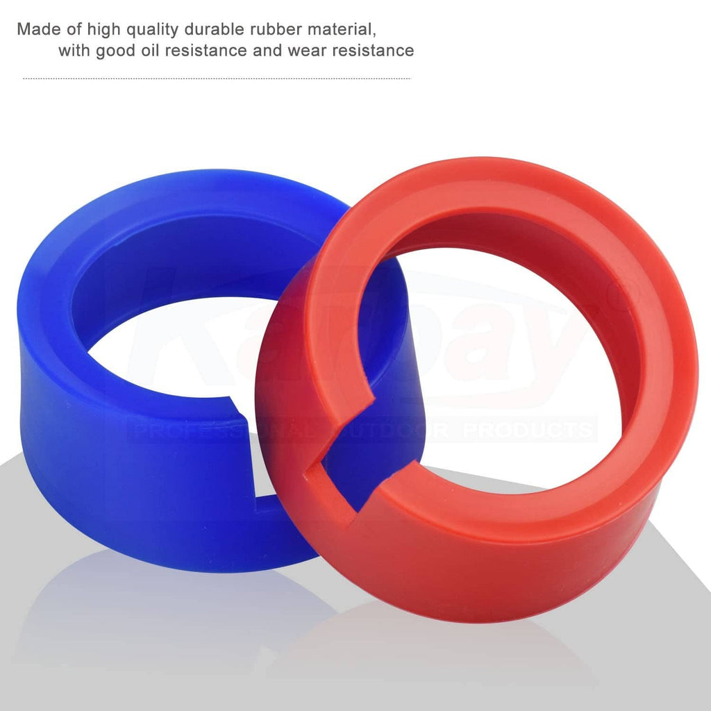 Overlapping blue and red rubber gauge boot covers with open center