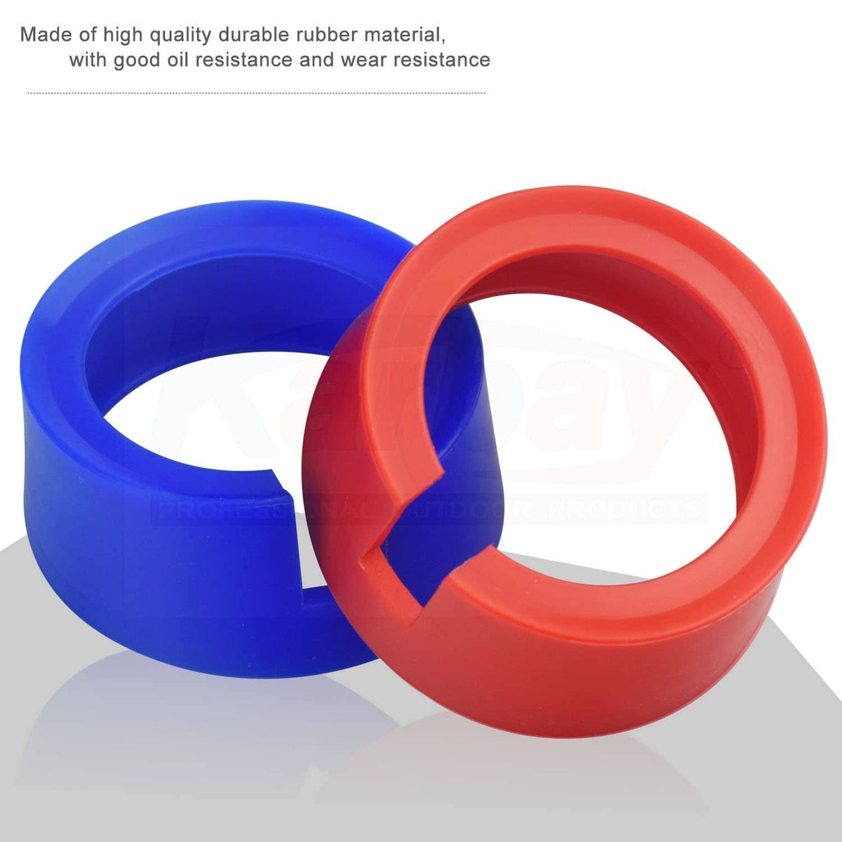 Overlapping blue and red rubber gauge boot covers with open center