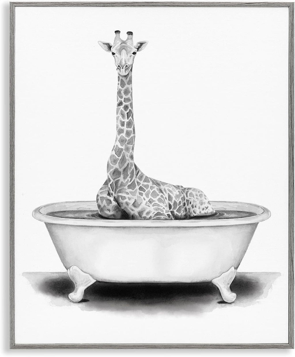 Framed black-and-white giraffe in a bathtub giclée print
