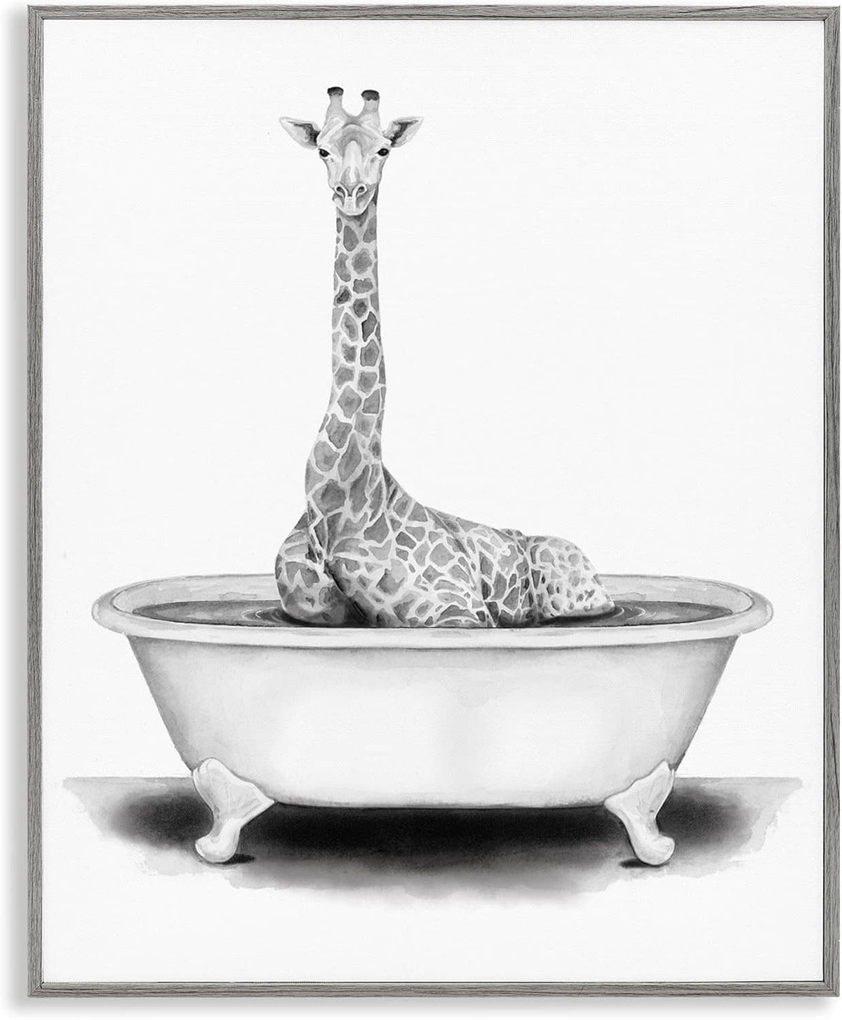 Framed black-and-white giraffe in a bathtub giclée print