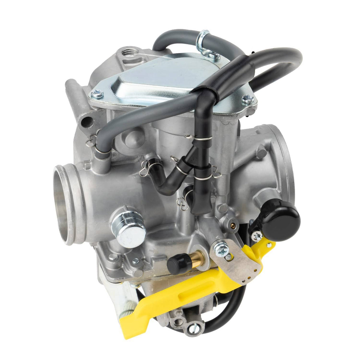 Carburetor carb assembly three-quarter view with black vacuum line and yellow bracket