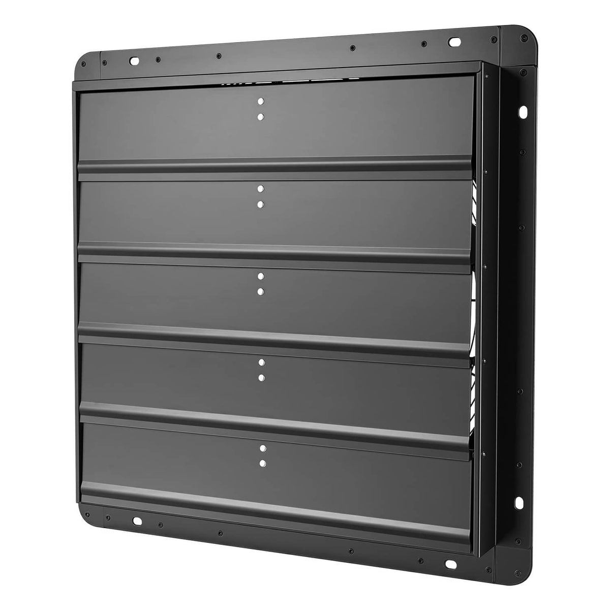 Wall-mounted shutter exhaust fan with closed louver panels and mounting frame, dark