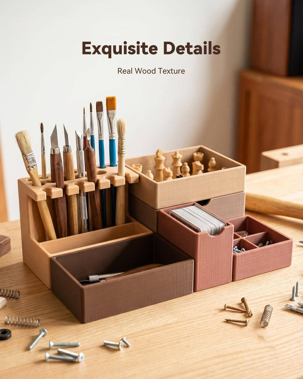 Wood-texture tool caddy with paintbrushes, organizer compartments, and small parts