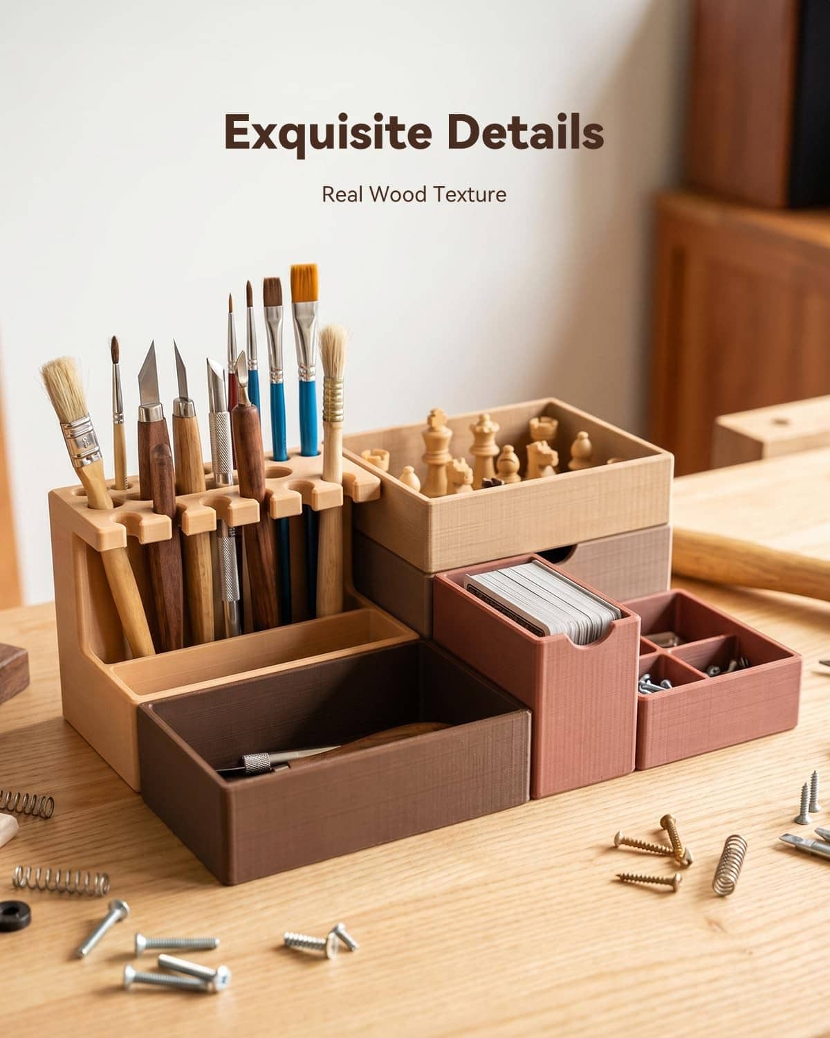 Wood-texture tool caddy with paintbrushes, organizer compartments, and small parts