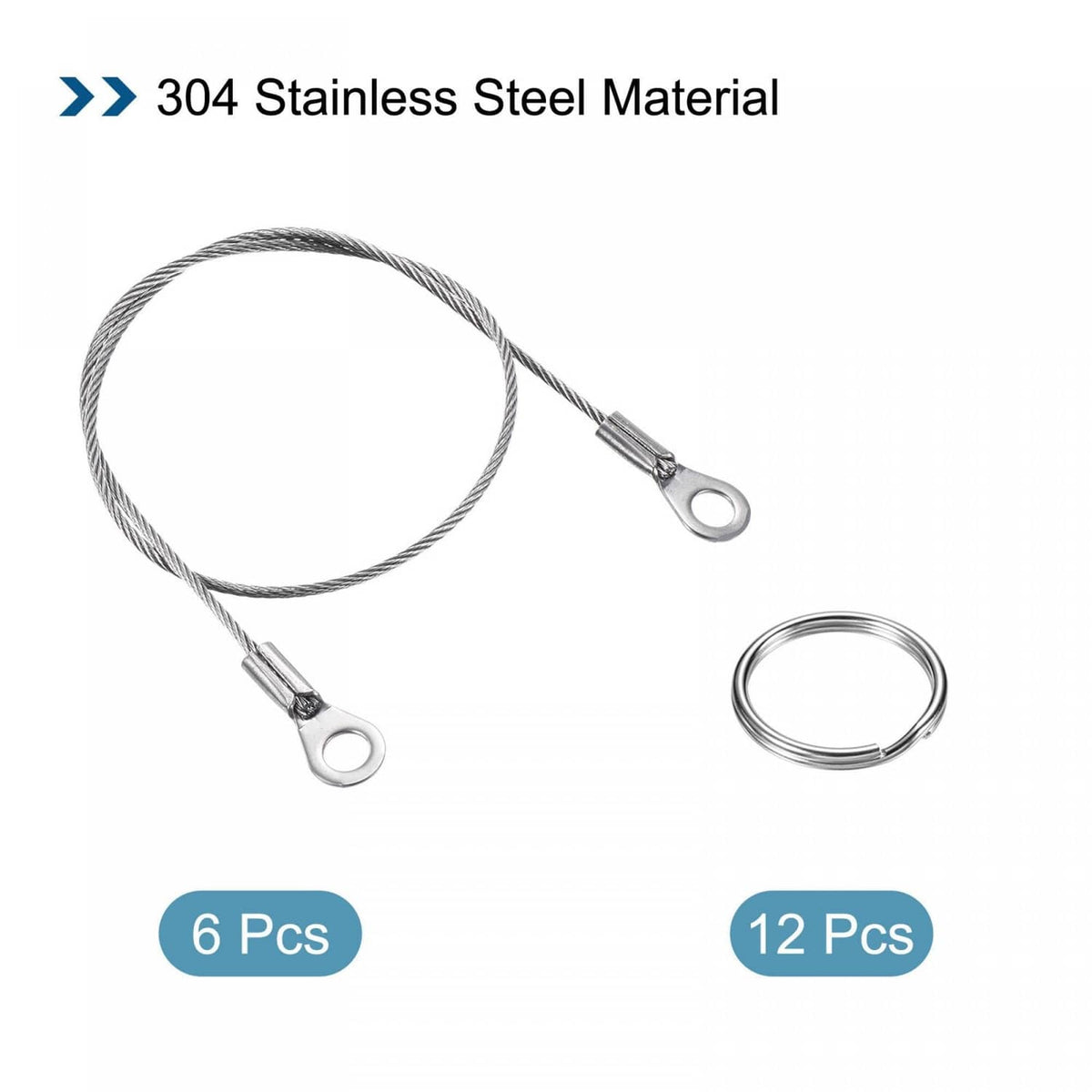Stainless steel lanyard cable set with eyelet ends and metal ring loops