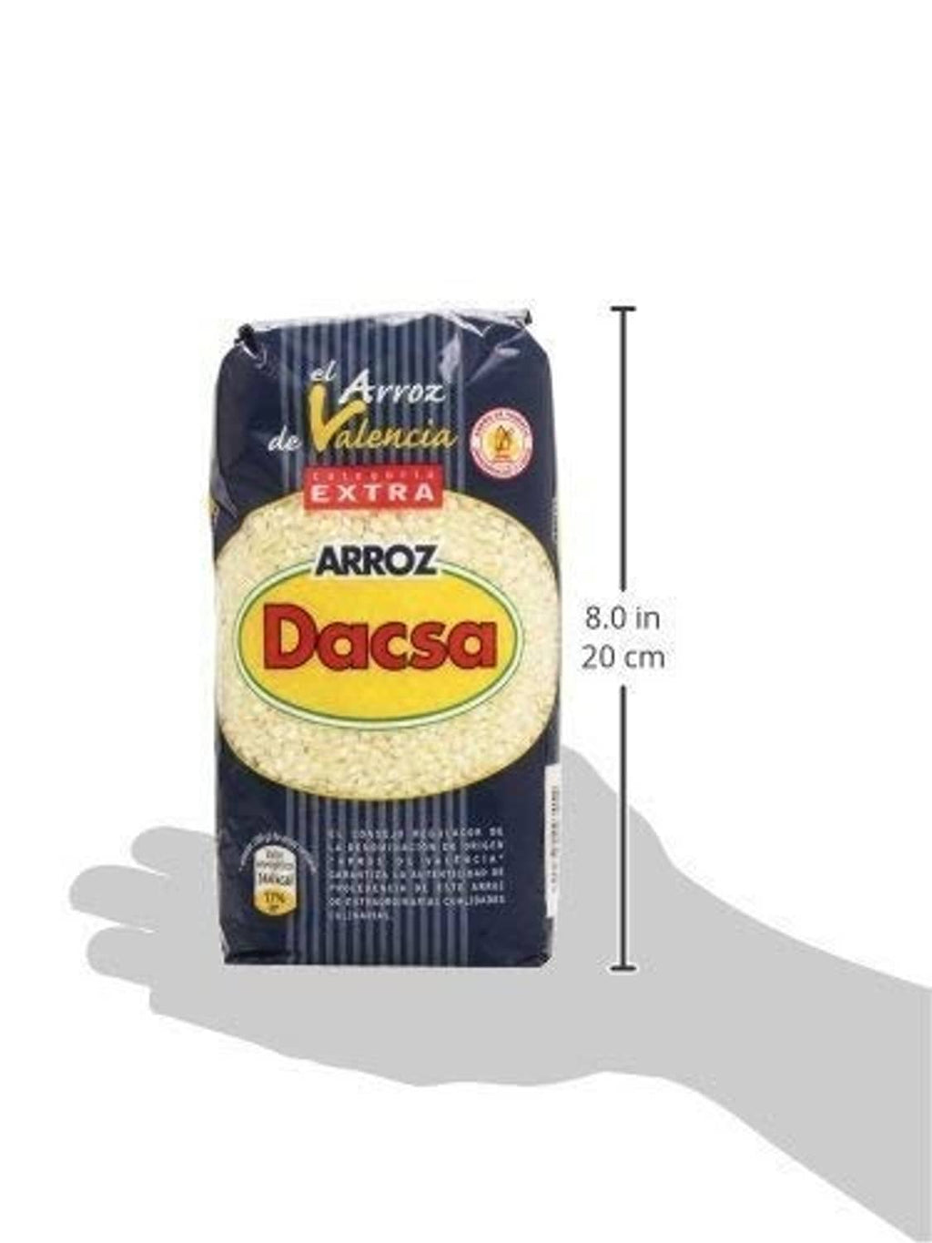 Valencia Dacsa extra rice bag with size markings, dark blue front label