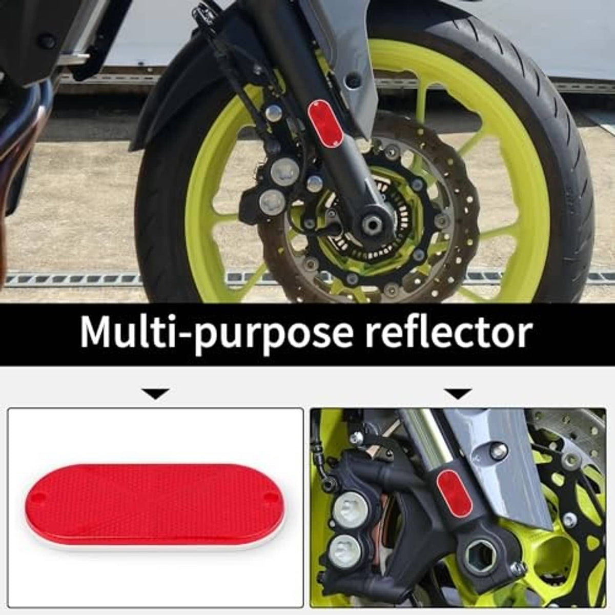 Red oval bike reflector mounted near motorcycle wheel and fork.
