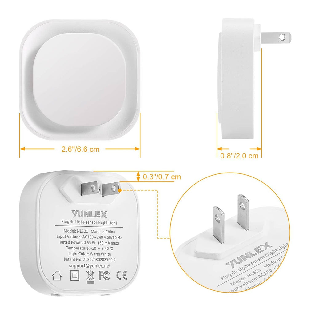 Plug-in night light with square sensor face and two outlets, shown with size diagram