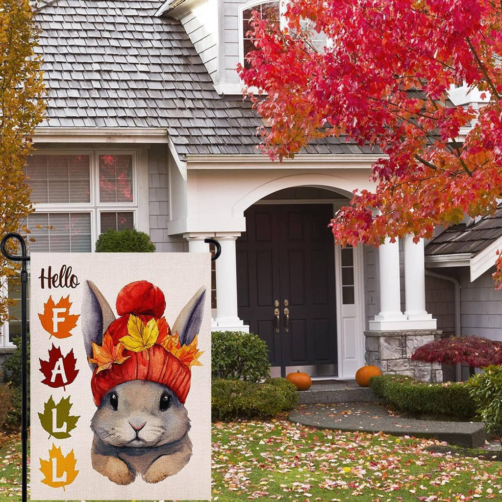 Hello Fall rabbit garden flag with 'Hello' letters, red hat rabbit, and autumn leaves