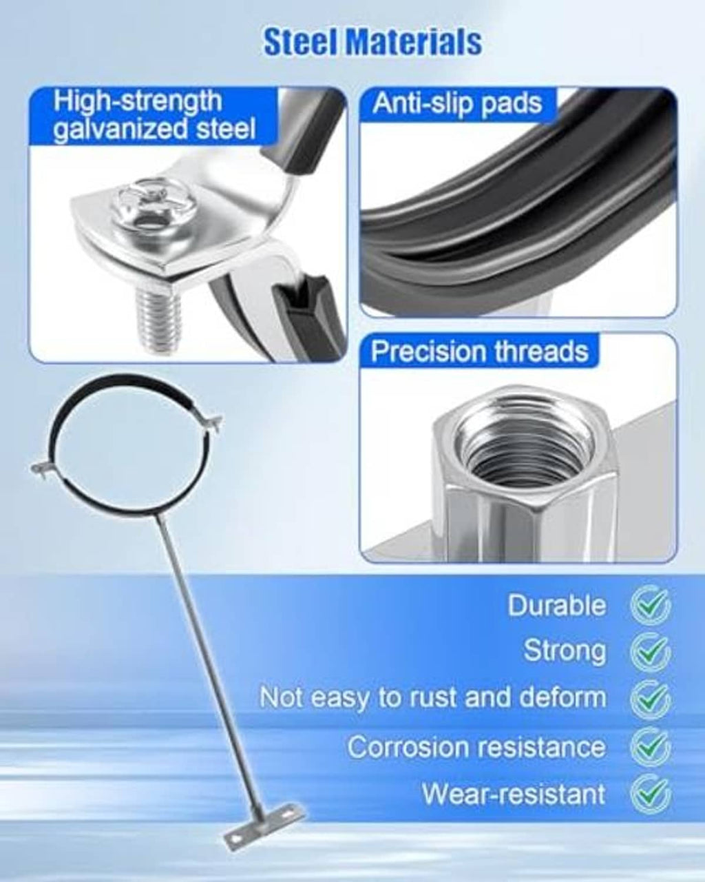 Galvanized steel pipe bracket with precision threads and anti-slip pads for round vents