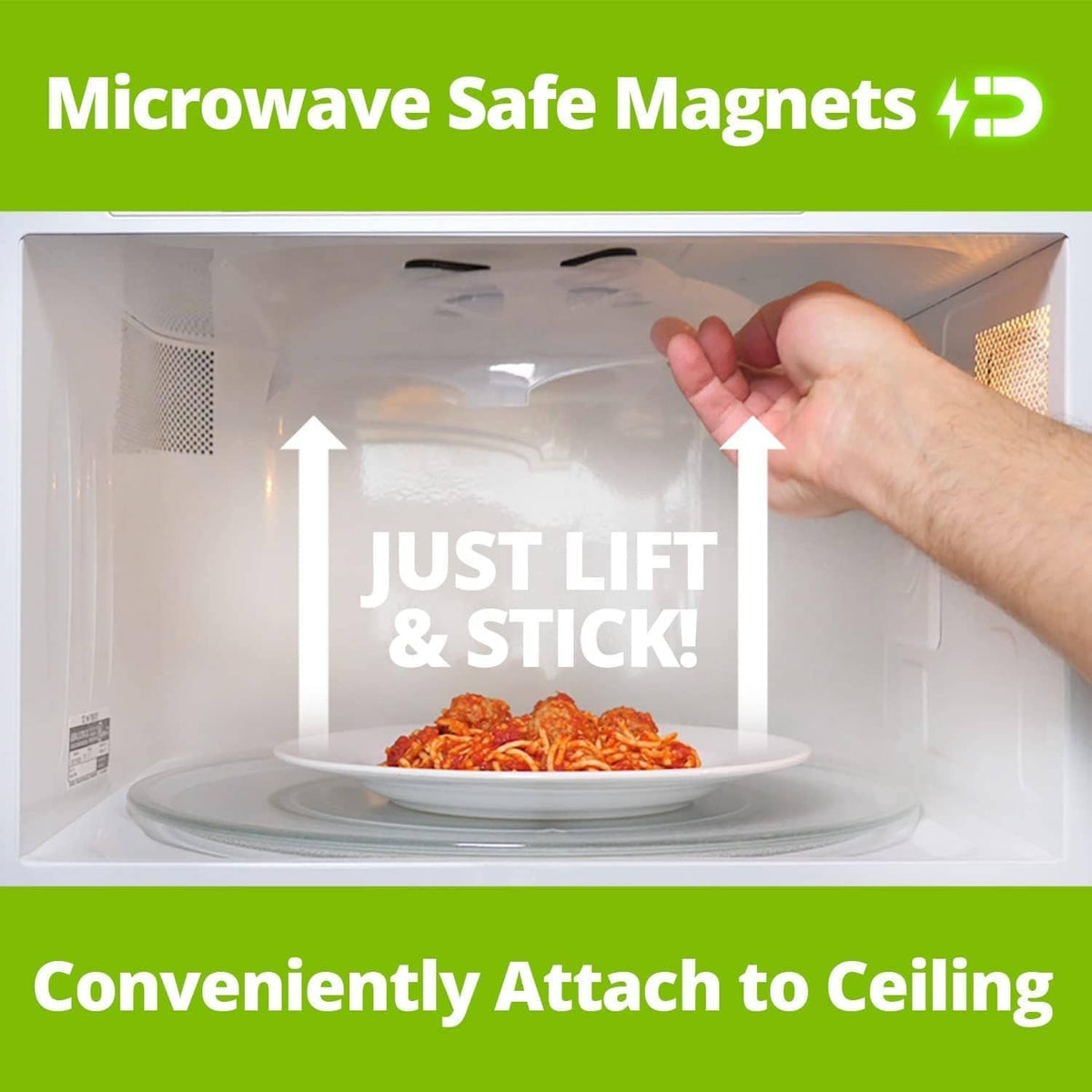 Microwave splatter cover being lifted, magnets aligned for ceiling sticking