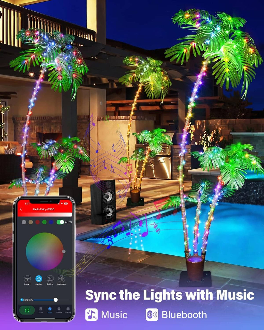 RGB lighted palm tree outdoors with app phone controlling colorful LEDs and music sync