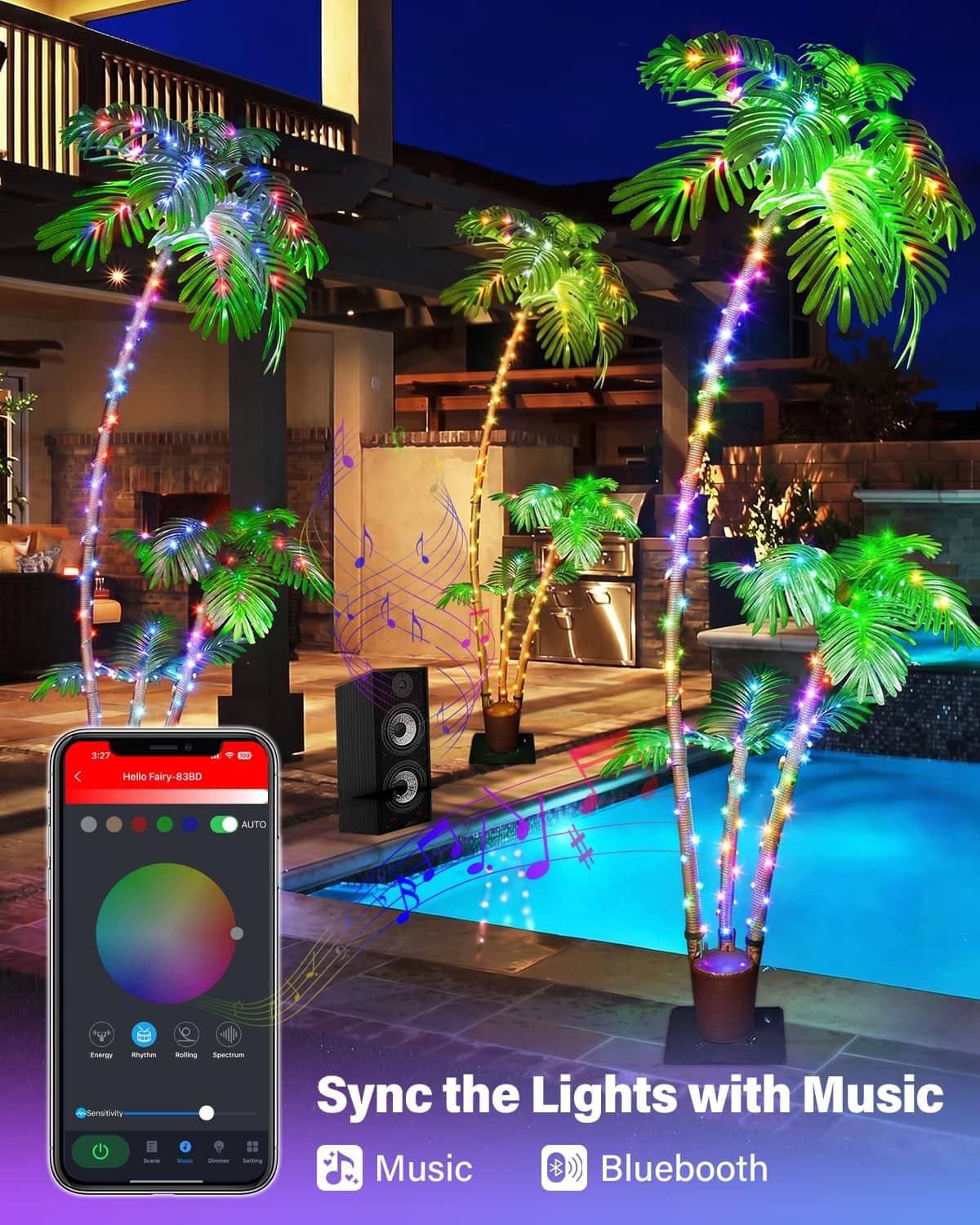 RGB lighted palm tree outdoors with app phone controlling colorful LEDs and music sync