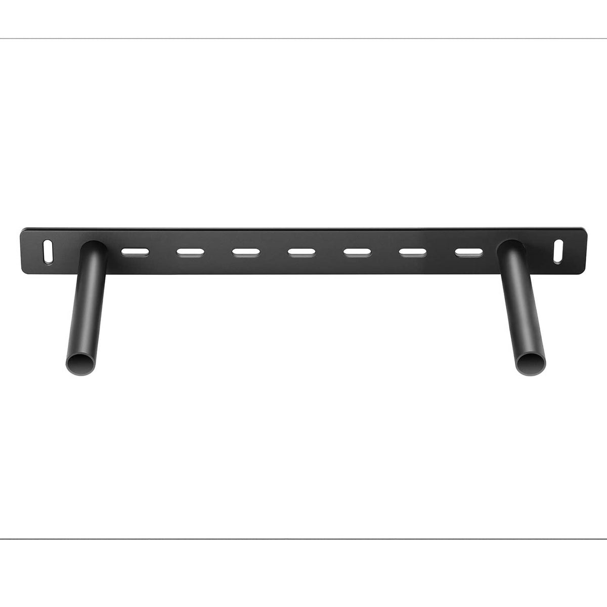 Set of two black metal floating shelf brackets with perforated mounting bar and arms