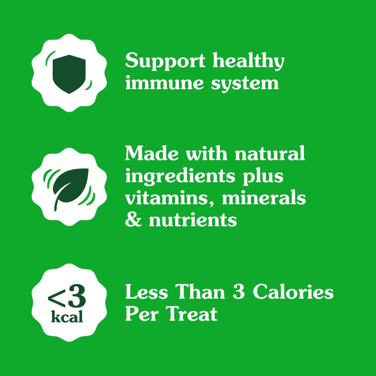 Dog treat benefit icons: supports healthy immune system and uses natural ingredients