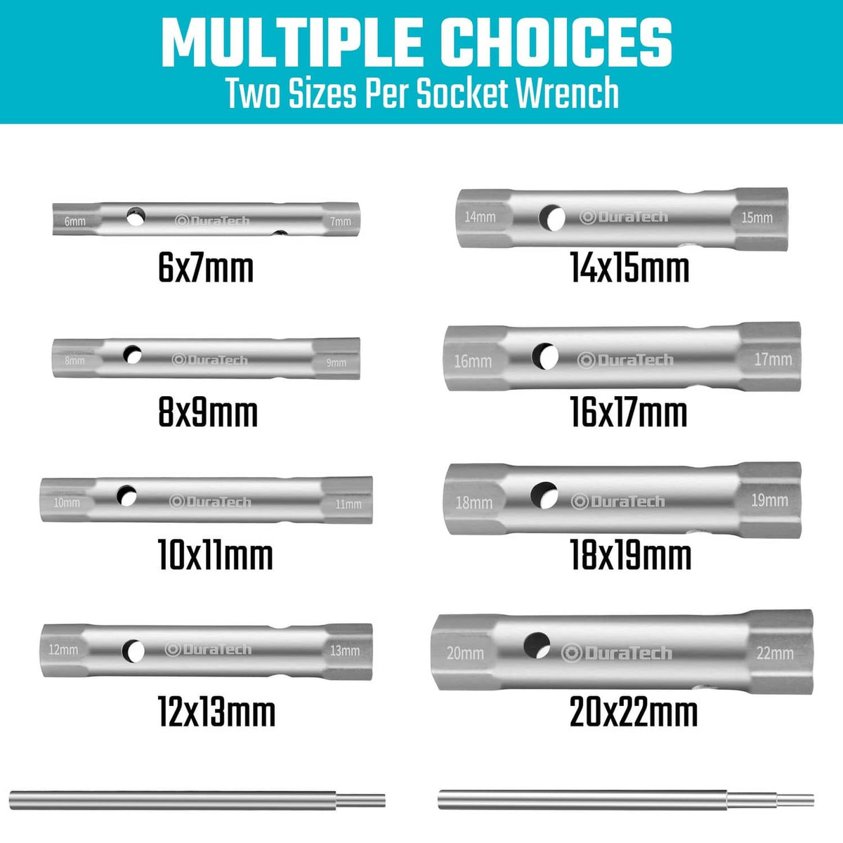 DURATECH socket wrench sockets shown in multiple size openings for valves