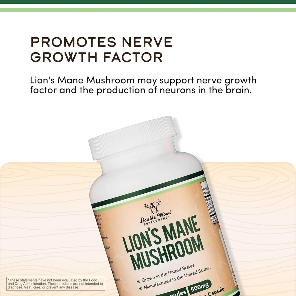 Lion's Mane mushroom supplement bottle with 500 mg per capsule label