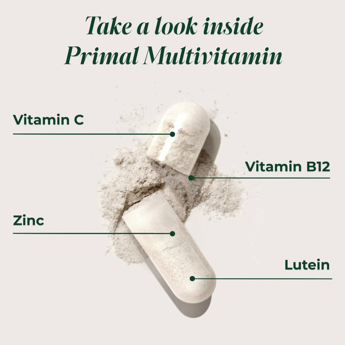 Multivitamin capsule with ingredient callouts: Vitamin C, Zinc, Vitamin B12, lutein.