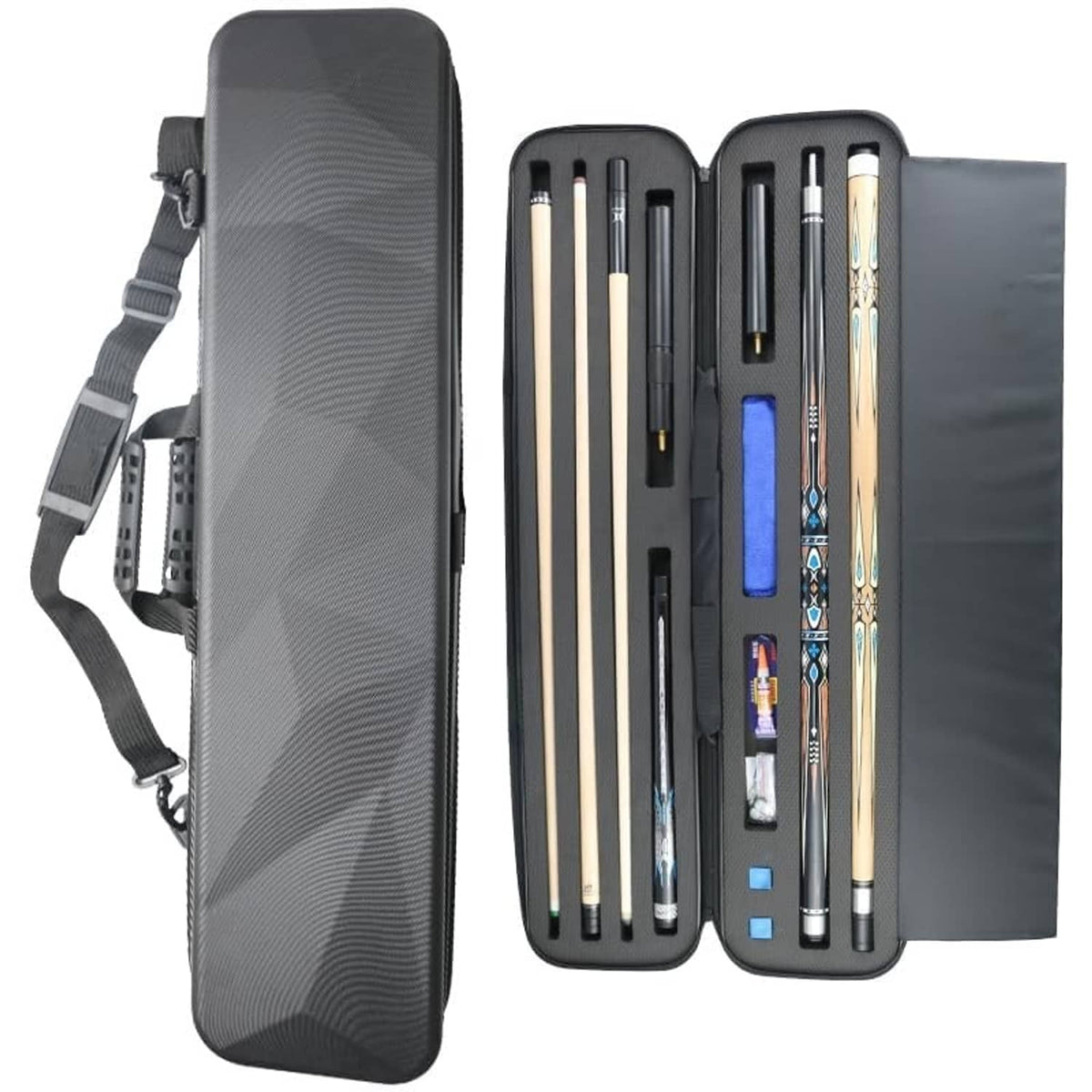 Black hard pool cue case with shoulder strap, open split storage with cue rows.