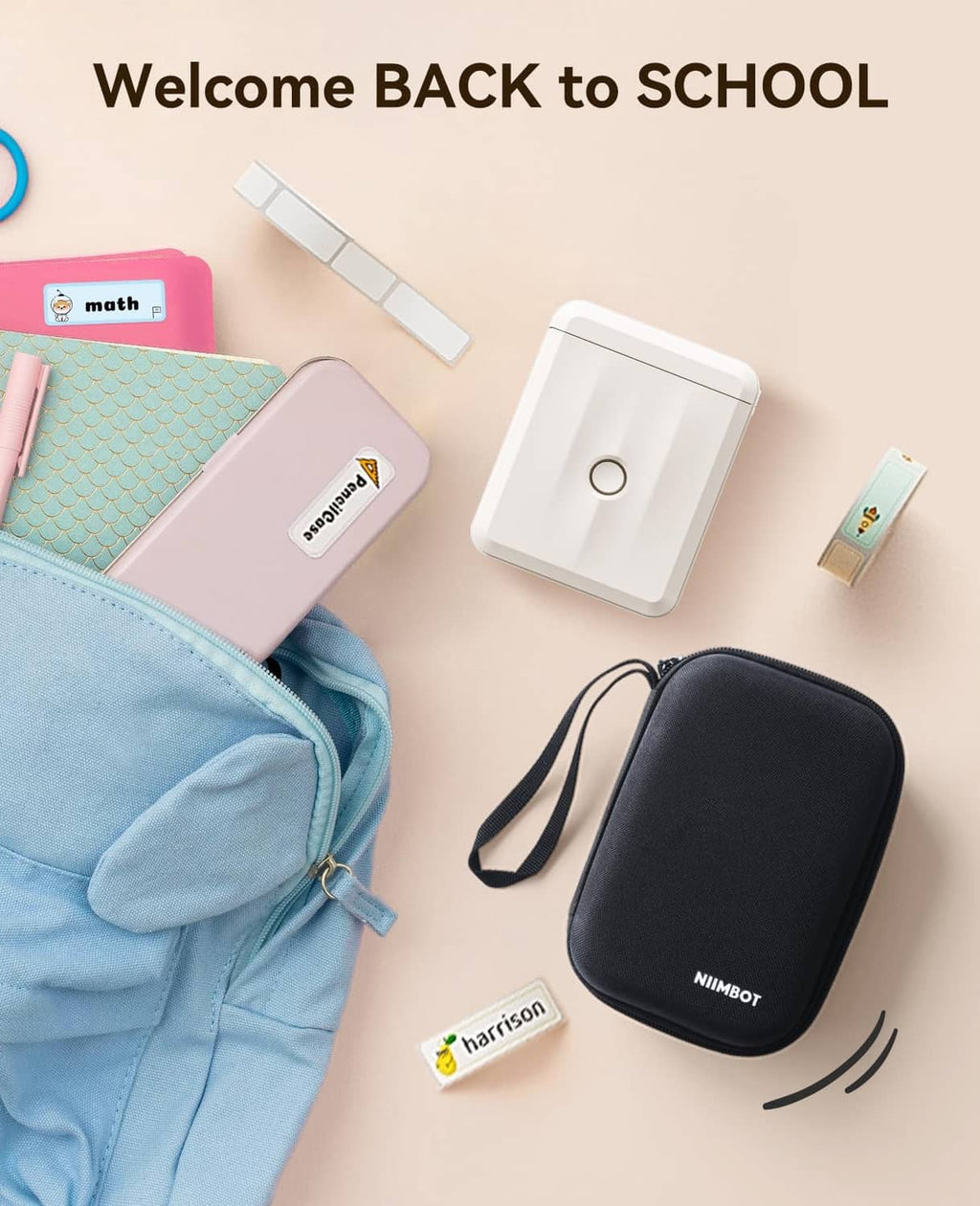 Mini label maker device with school label tape and printed name tag