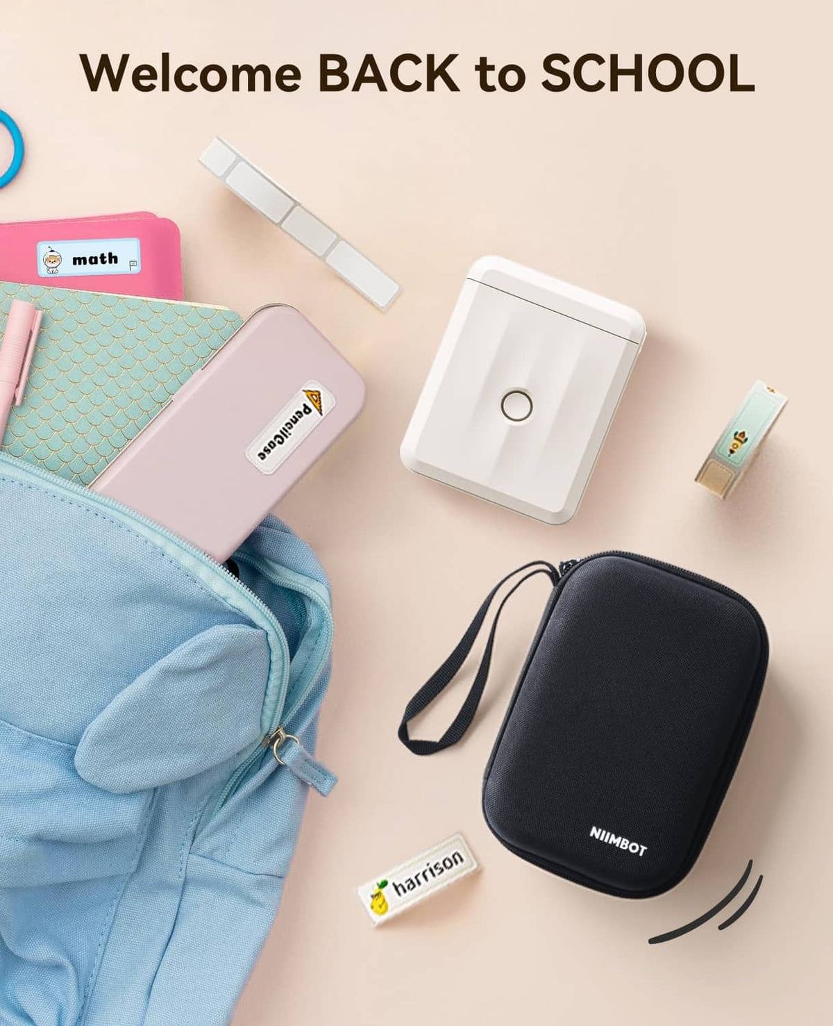 Mini label maker device with school label tape and printed name tag