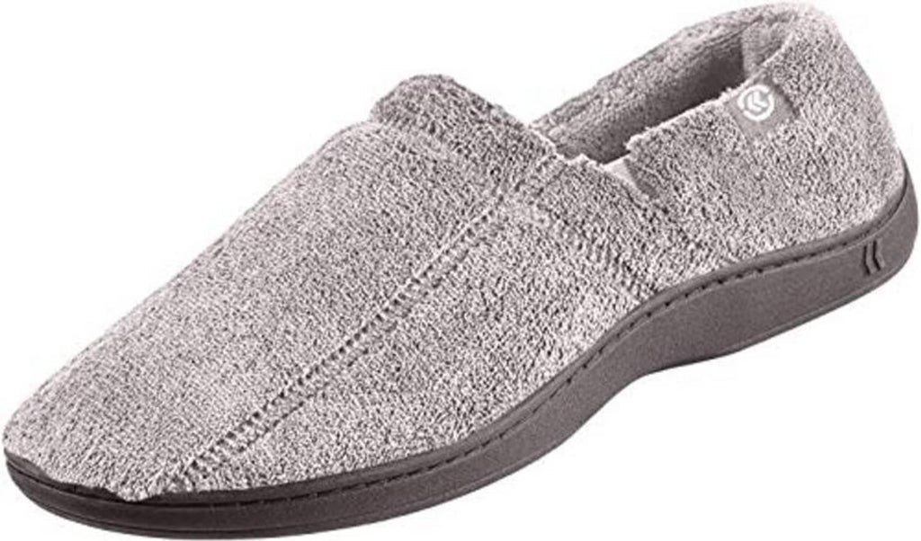 Men's charcoal microterry moccasin slipper, slip-on style with stitched toe and sole