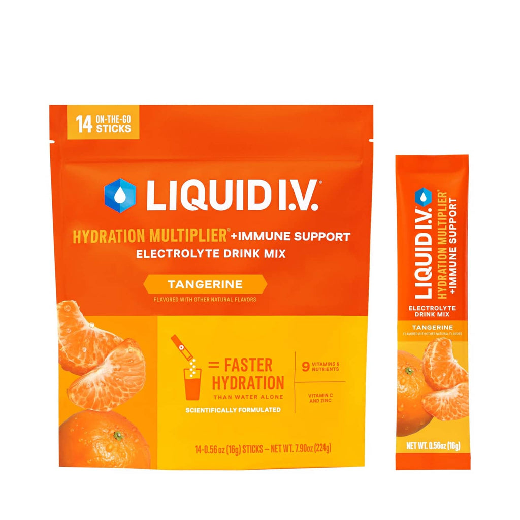 Tangerine electrolyte drink mix pouch and single stick pack