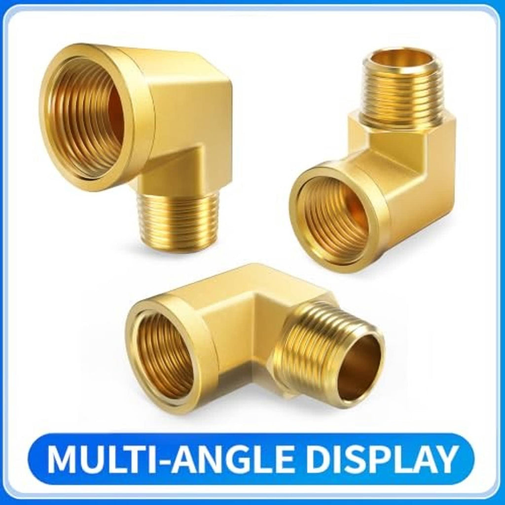 Brass 90-degree elbow pipe fitting shown from multiple angles, female threaded ends