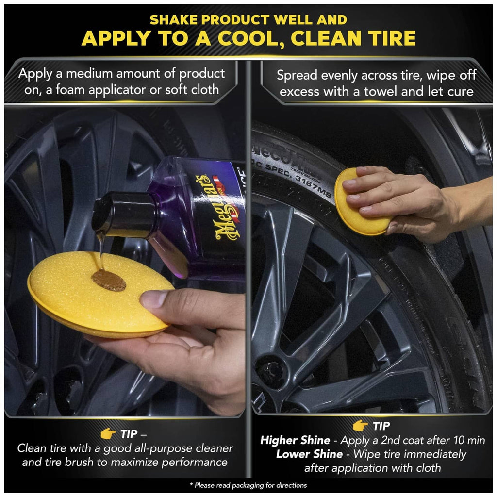 Hands applying tire gel with sponge, then wiping excess with a cloth