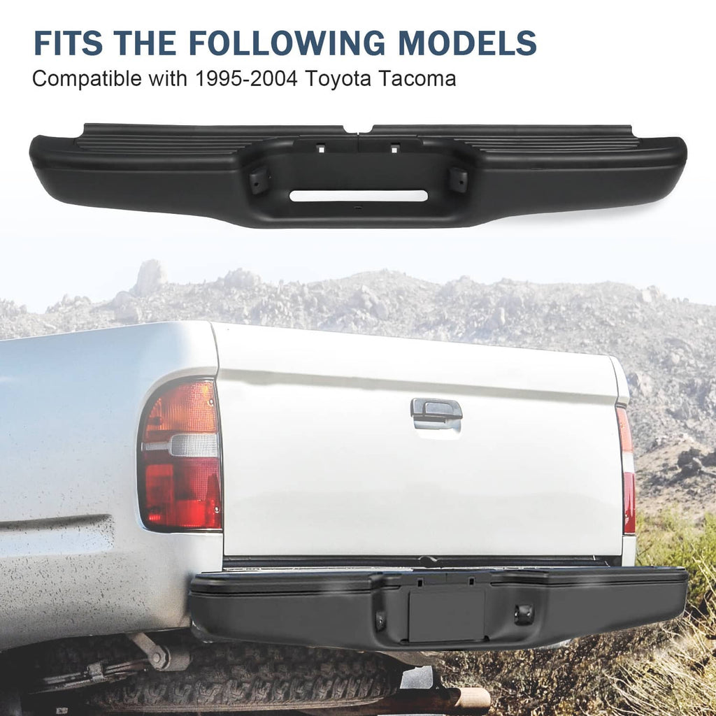 Black rear step bumper assembly mounted on truck rear panel