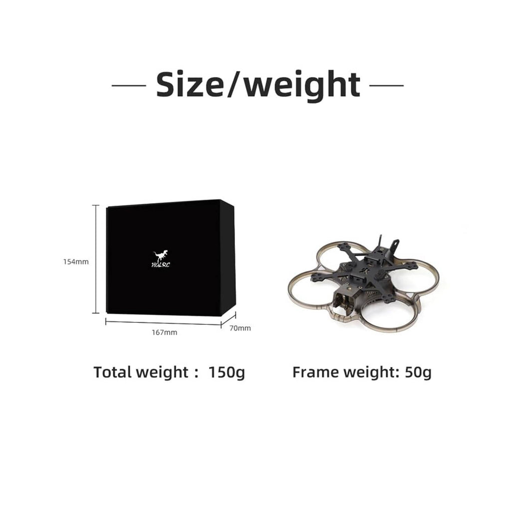 Cinewhoop FPV drone frame size and weight graphic with measurements beside the frame