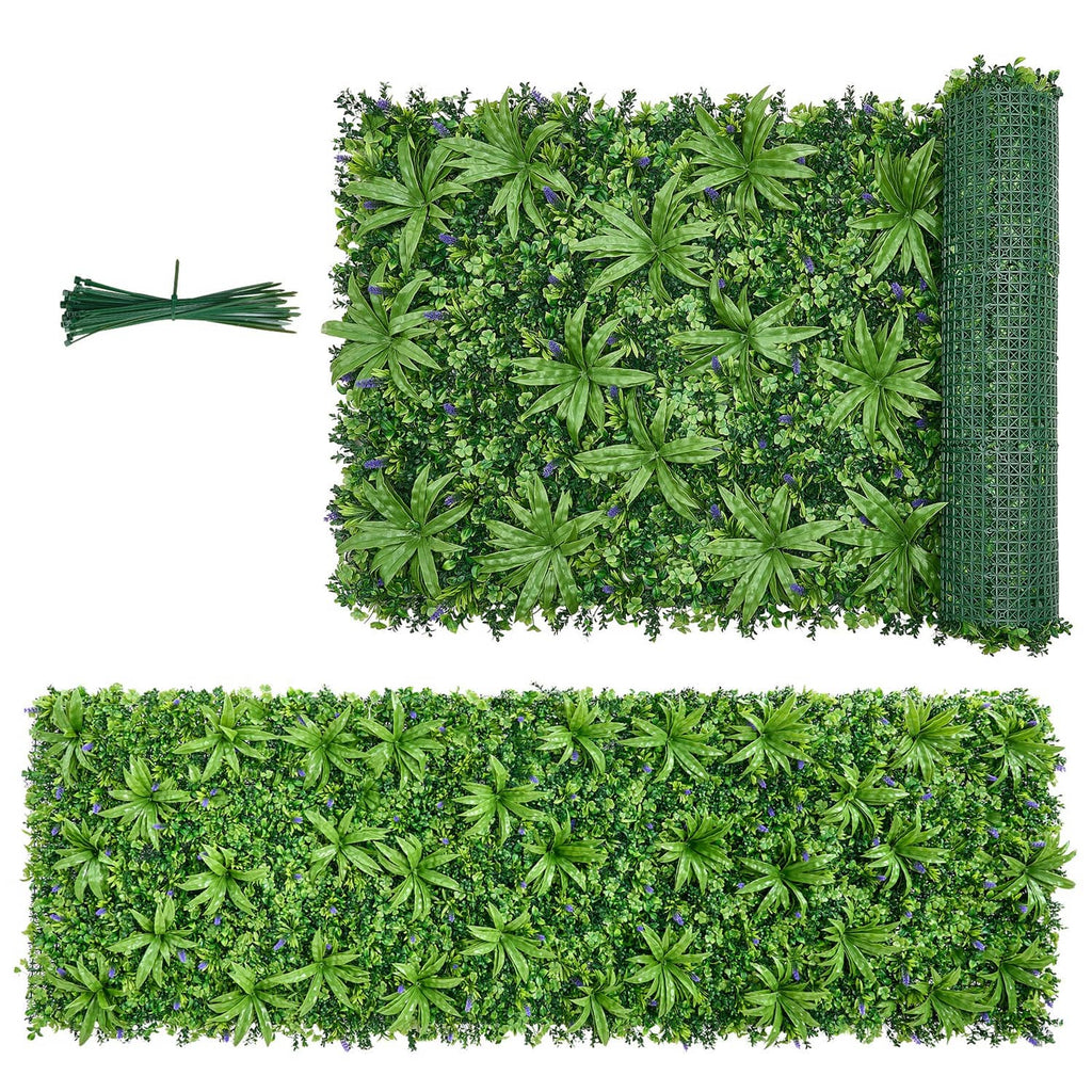 Artificial boxwood greenery wall panel, dense green leaf texture with mesh backing edge.