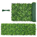 Artificial boxwood greenery wall panel, dense green leaf texture with mesh backing edge.