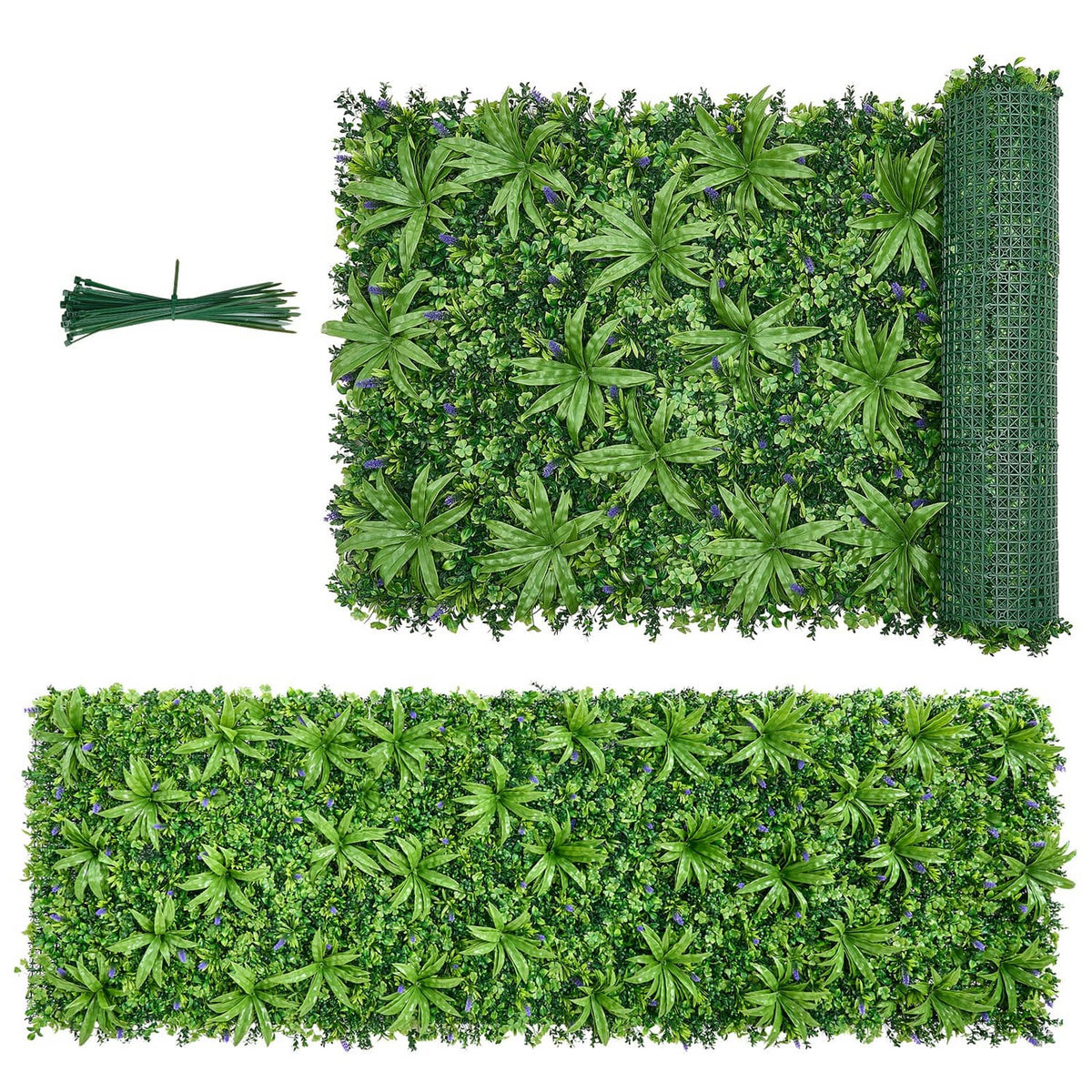 Artificial boxwood greenery wall panel, dense green leaf texture with mesh backing edge.