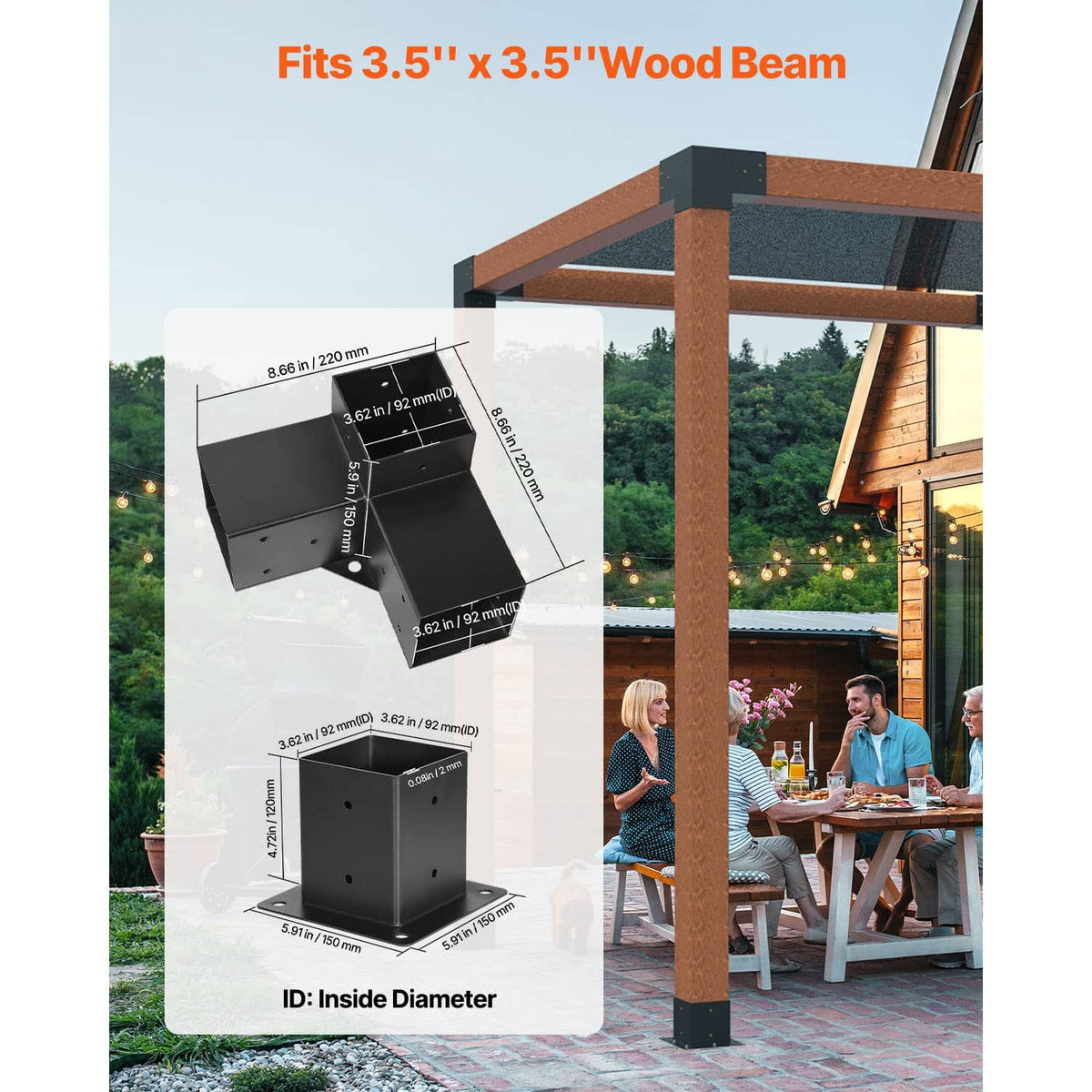 Inner 3-way corner bracket kit showing dimensions and inside diameter for 3.5x3.5 wood beams