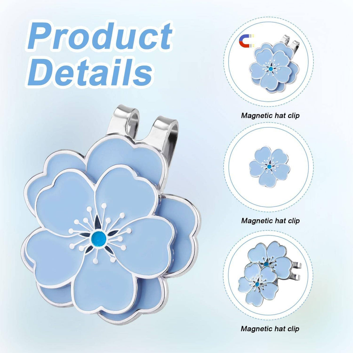 Blue flower-shaped magnetic golf ball marker with silver hat clip, product detail