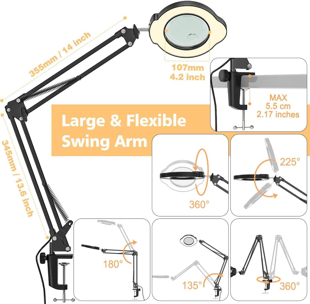 Black magnifier lamp with long flexible swing arm and clamp mount