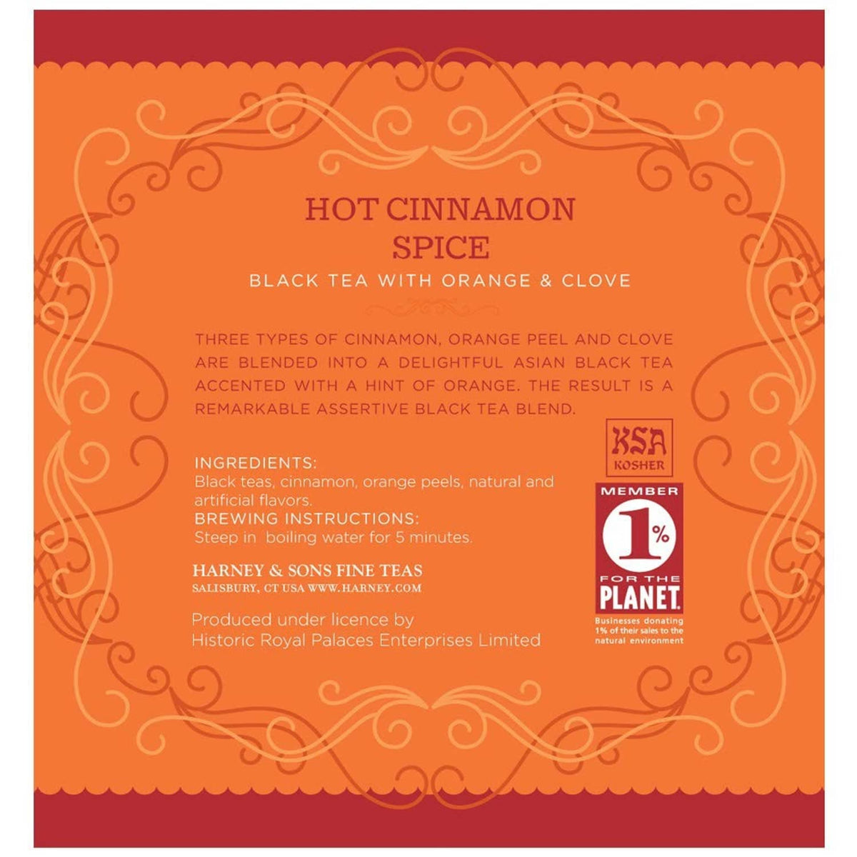Orange tea tin back label showing ingredients and brewing instructions