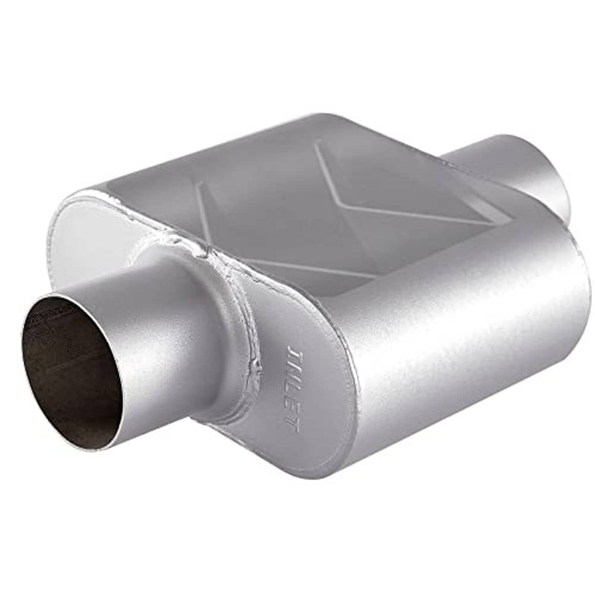 Silver exhaust muffler with end cap seam, front inlet pipe and rear outlet pipe