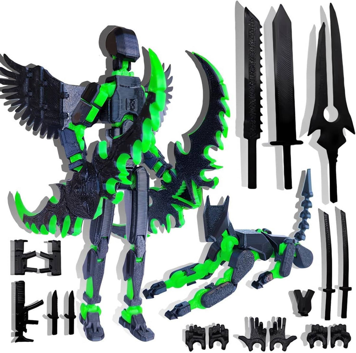 Robot action figure set with dark armor, bright green highlights, and extra accessory parts