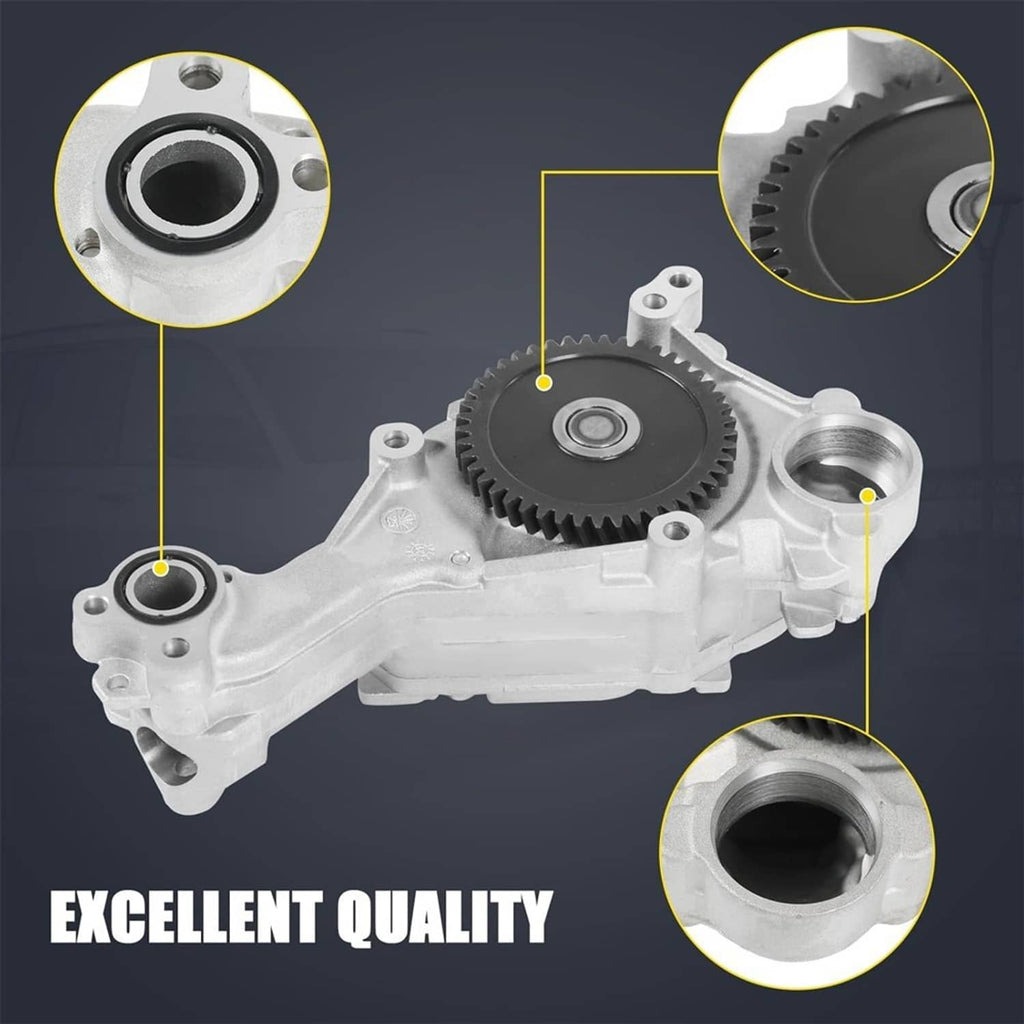 Engine oil pump with black gear wheel and highlighted mounting openings on silver housing