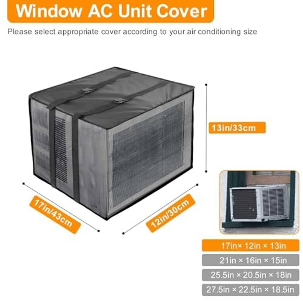 Black mesh window AC unit cover with adjustable fit, shown with size measurements