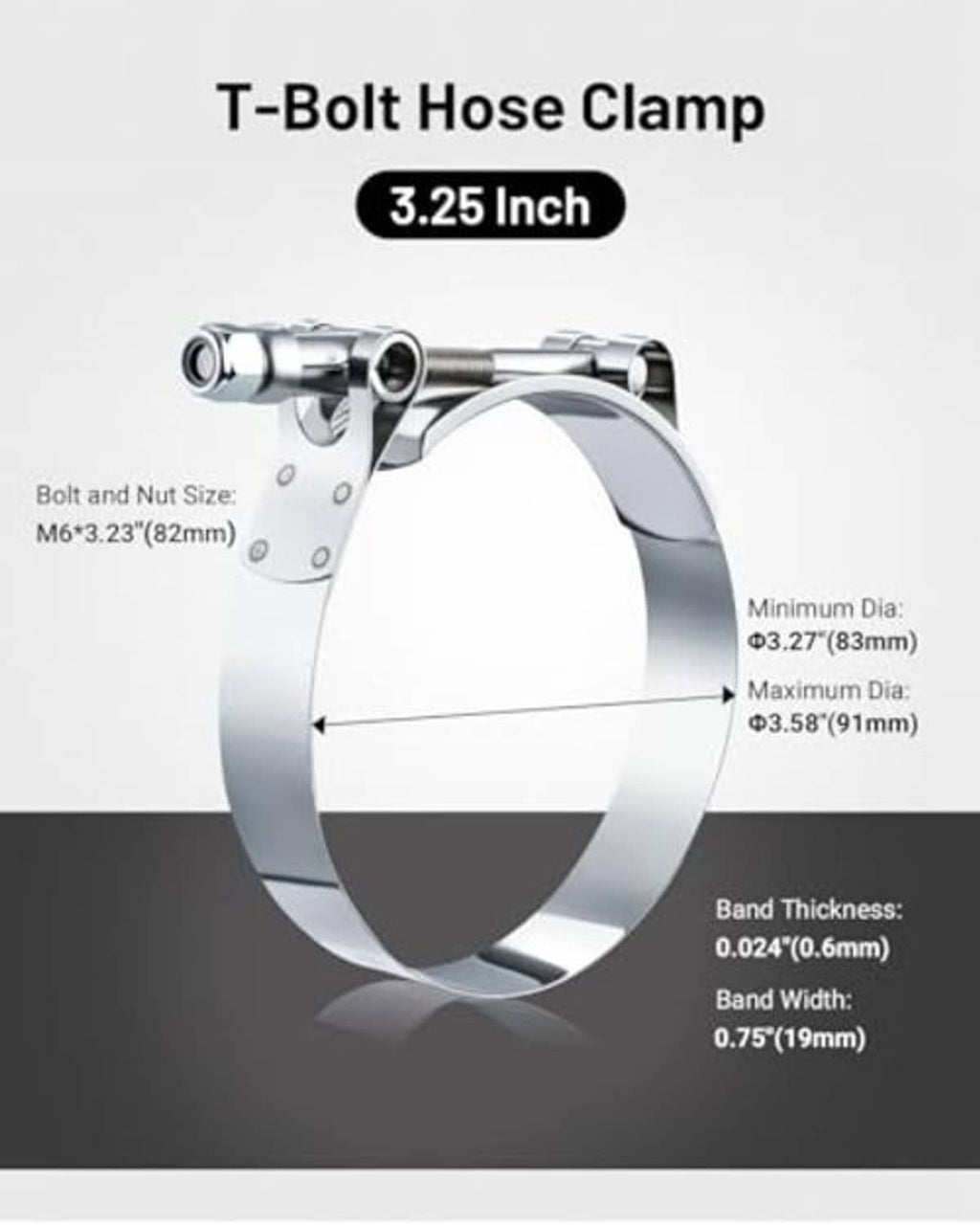 3.25-inch T-bolt hose clamp with metal band and threaded bolt assembly
