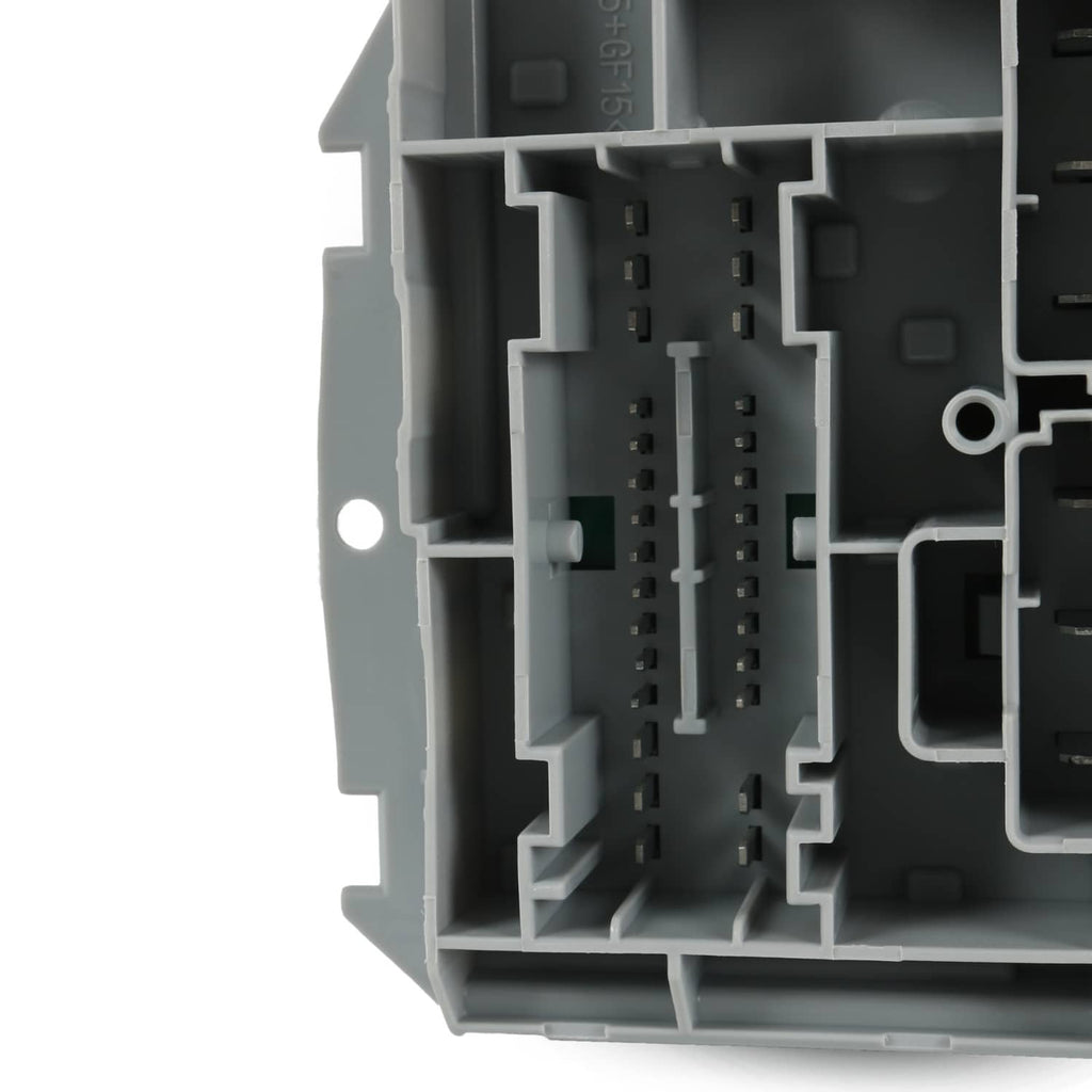 Close-up of internal connector channels with pin rows on gray housing