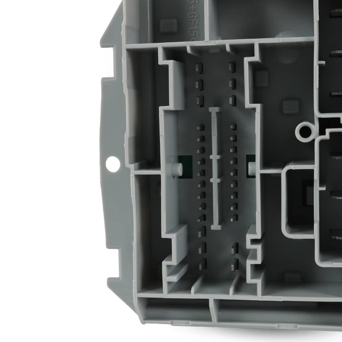 Close-up of internal connector channels with pin rows on gray housing