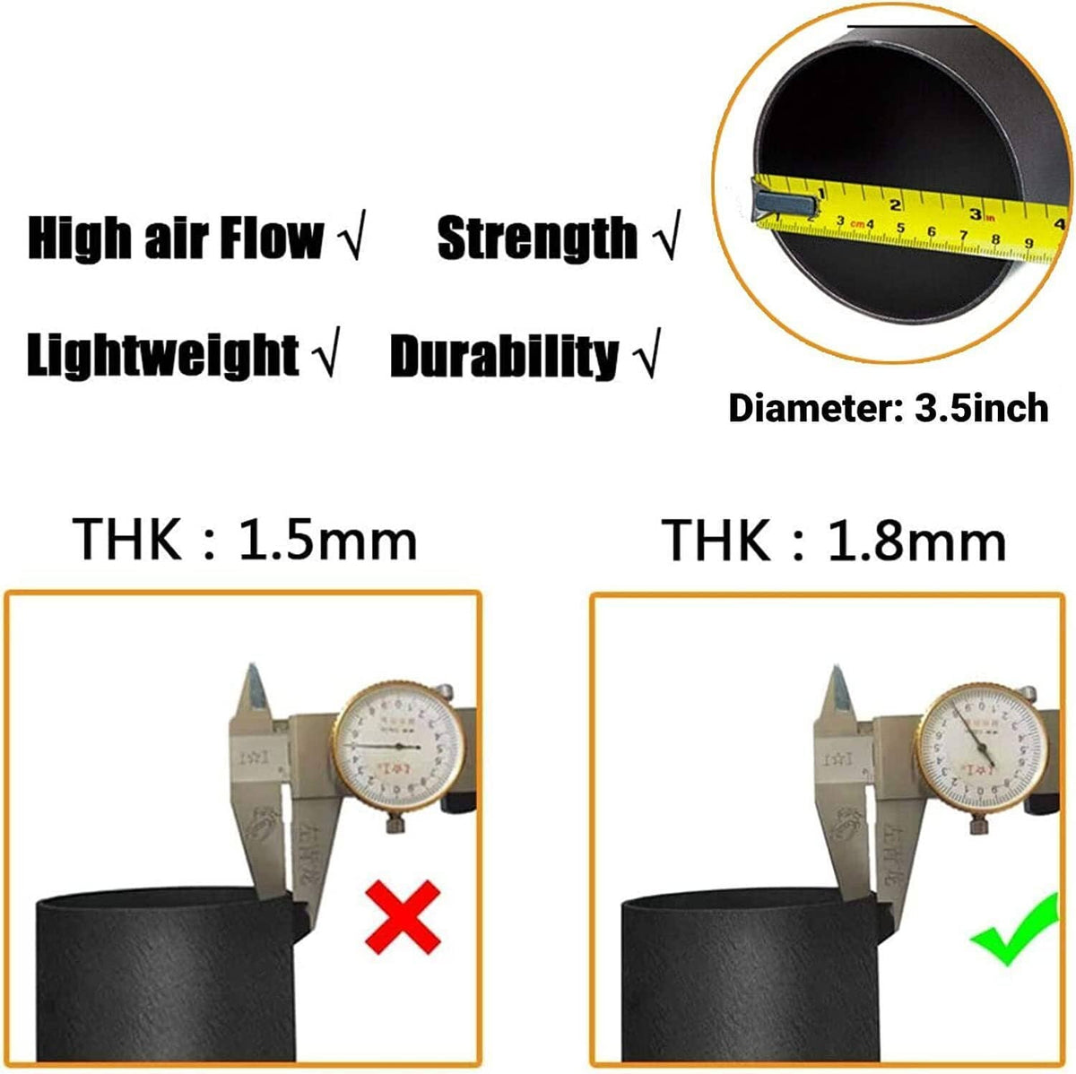 Air filter housing with black top and diameter measurement overlay