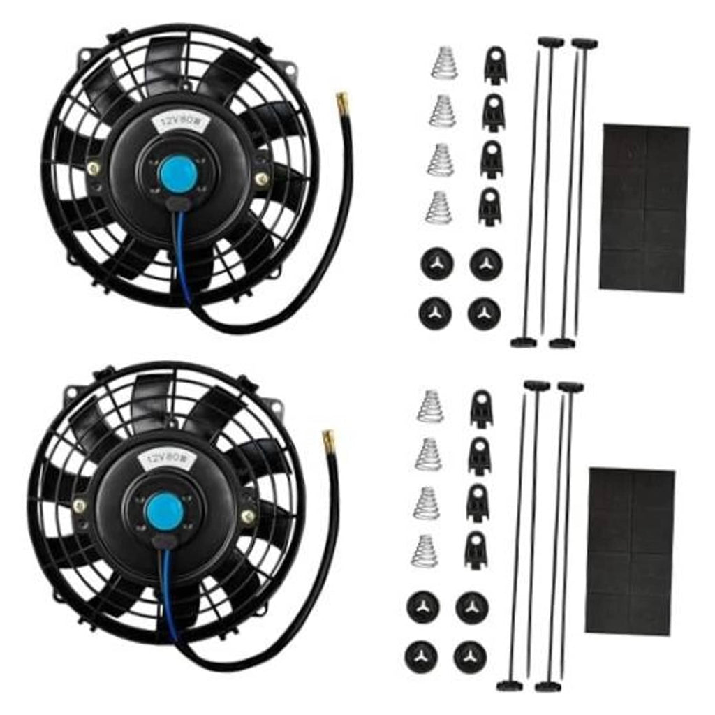 7-inch black radiator cooling fan with blue center, curved cable, and mounting holes